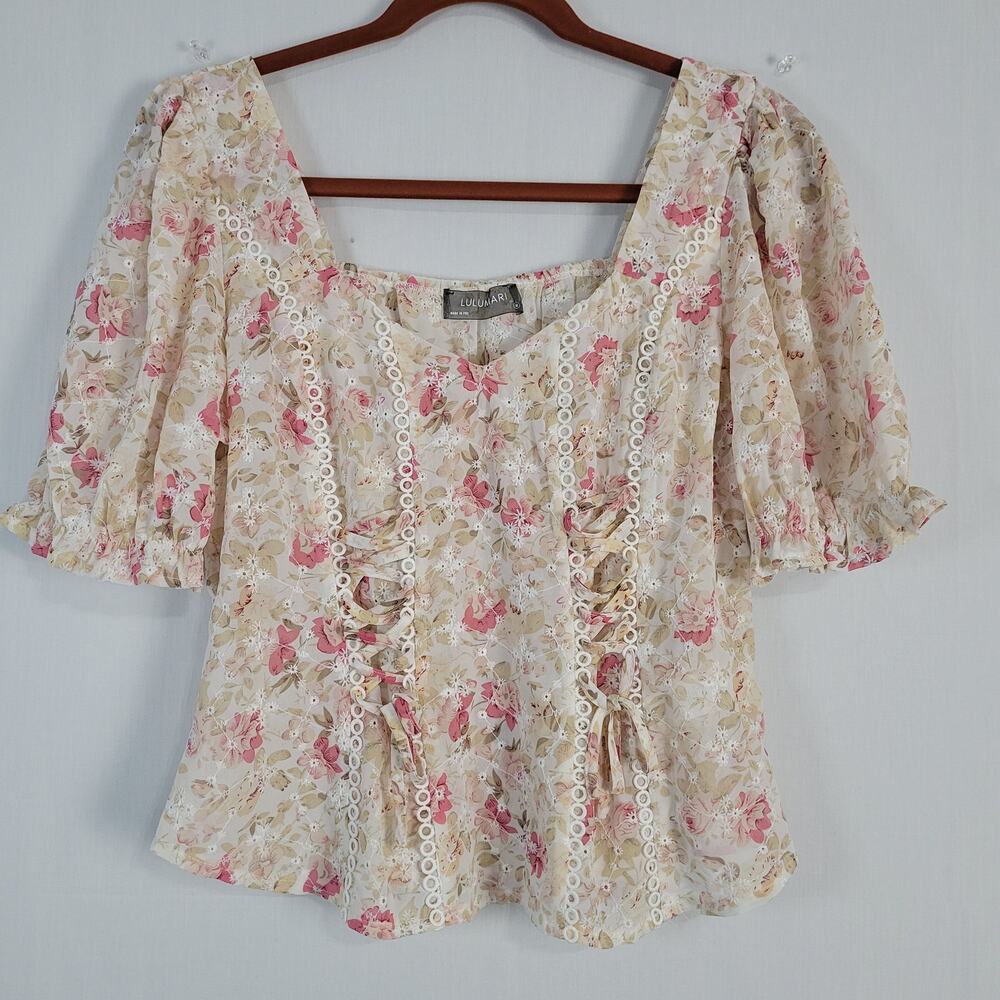 Floral Lace Up Short Sleeve Top sz M Renaissance Fairy Cottagecore Milkmaid New
